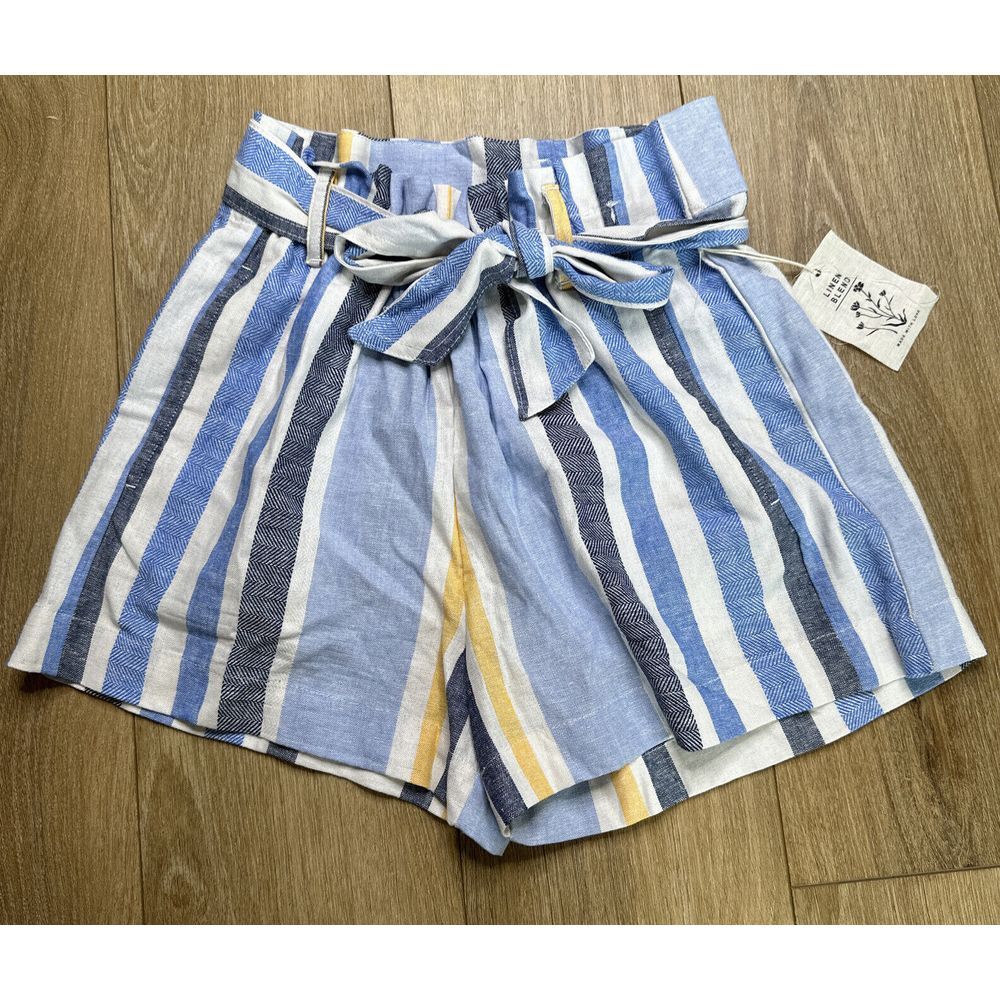Indigo Rain Women's Striped Shorts Blue White Linen Blend Belted Medium NWT
